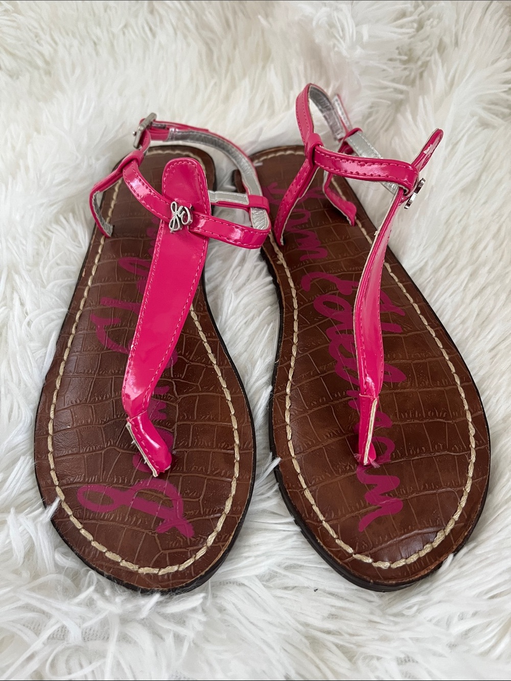 Sam Edelman Pink Patent T-Strap Kids Sandals with Silver Accent